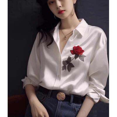 白色印花醋酸缎面真丝衬衫女高级感轻奢名媛上衣别致长袖冰丝衬衣