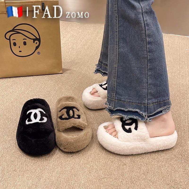 法国Fad Zomo高级感毛毛拖女外穿2025秋冬复古厚底刺绣一字棉拖鞋