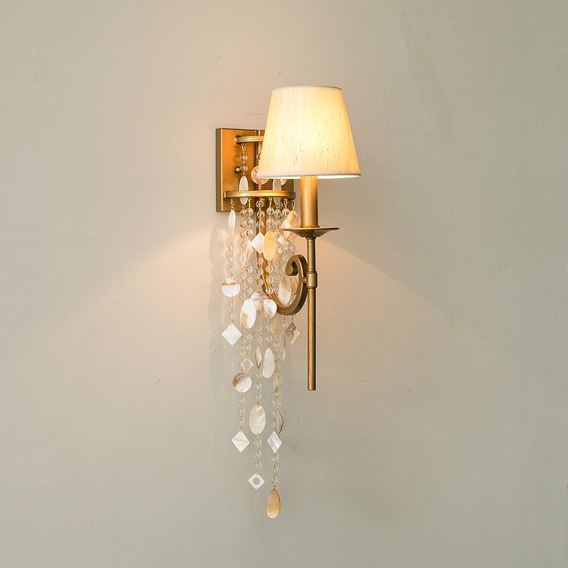 指南光 美式复古水晶壁灯个性流苏天然贝壳卧室床头客厅壁灯
