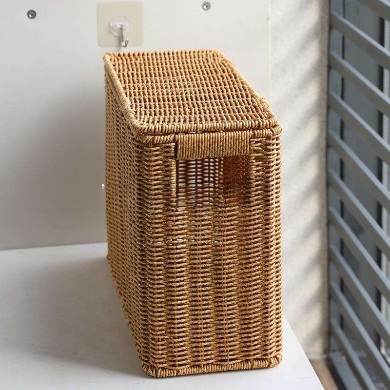 窄高型带盖收纳箱家用缝隙杂志筐藤编墙角沙发边角储物盒