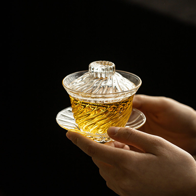 观岚条纹玻璃三才盖碗茶杯单个耐热泡茶器家用复古带盖泡茶碗茶具