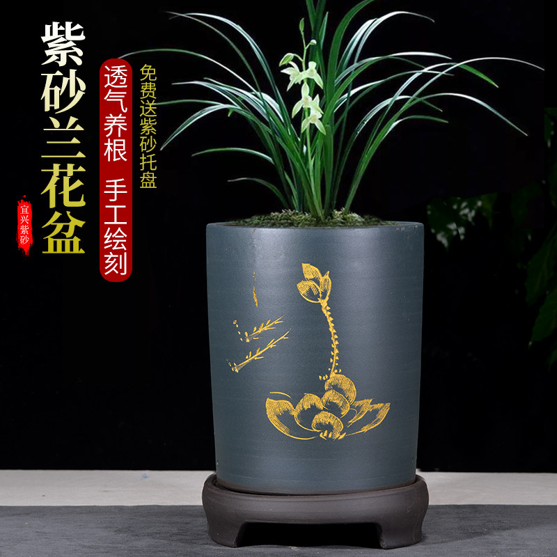 紫砂花盆兰花盆手工刻绘圆直筒君子兰盆兰草花盆大口径带托盘