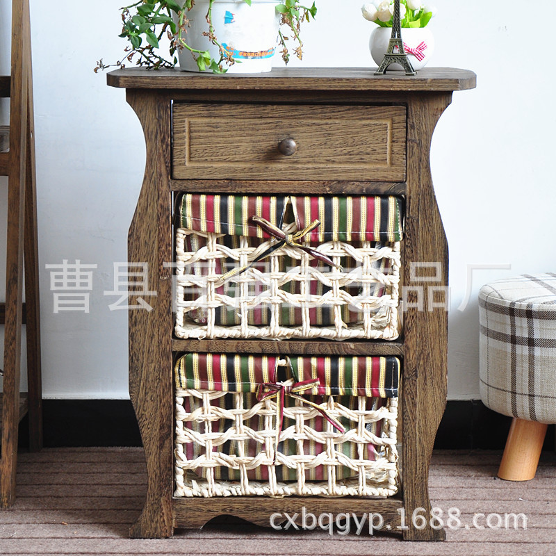 厂家批发 抽屉式收纳柜 床头柜子简约 玉米皮编制 客厅储物柜