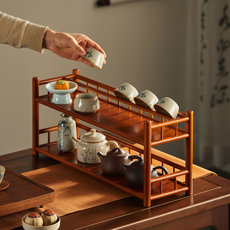 桌面博古架小型茶杯架子茶具收纳架紫砂壶置物架新中式装饰品摆件
