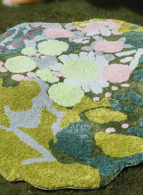地垫毛绒高级感植绒地毯卧室绿色森系垫子TPR不规则床边卧室脚垫