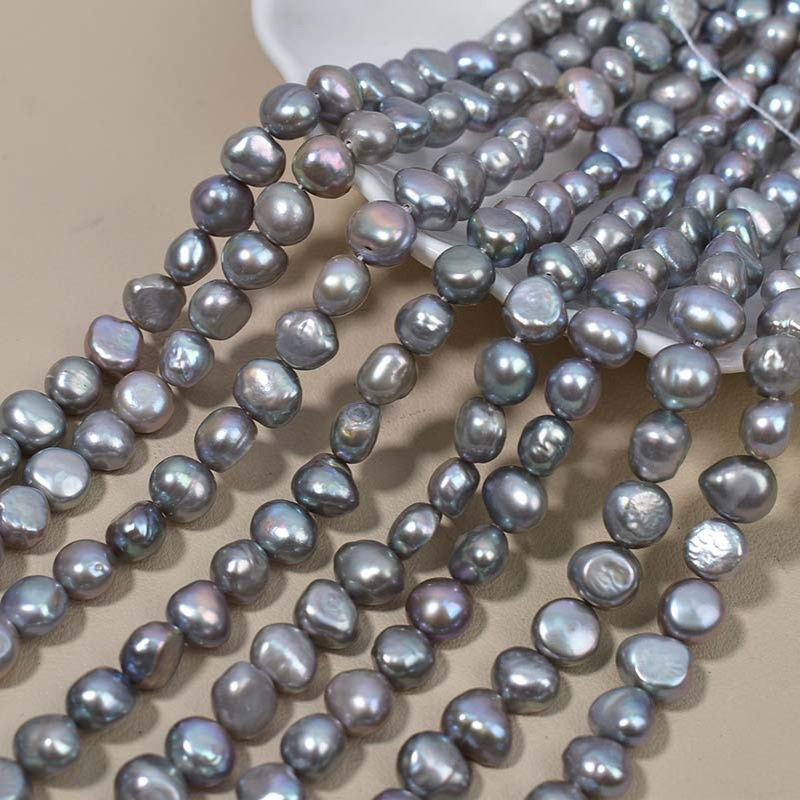 9-10mm天然淡水珍珠散珠巴洛克异形横孔不规则两面光灰色珍珠材料