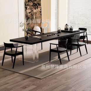 岛台实木大板茶桌椅组合一桌五椅现代简约高端办公室黑色茶台茶桌