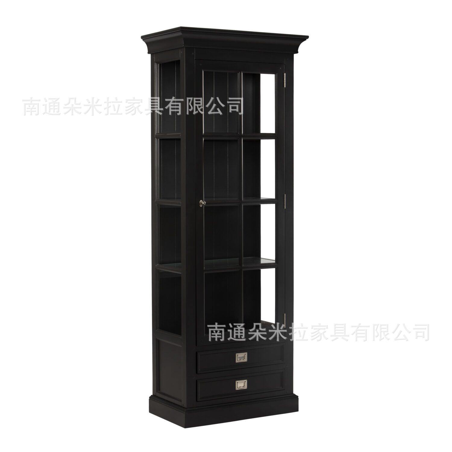 RH美式实木高端书柜玻璃书柜黑色简约储物柜展示柜