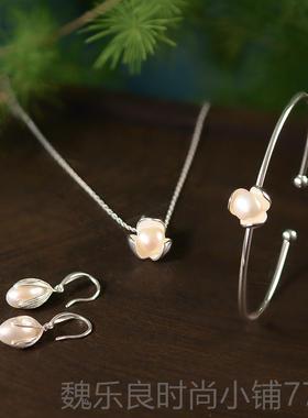 高档s925纯银手镯女银镯子珍珠芙花清新简约系森细款风复古新款手