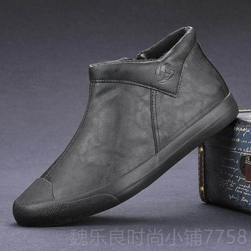 高档冬季新款男潮鞋帮休闲皮鞋男百搭一脚高蹬马丁靴软男底鞋加绒
