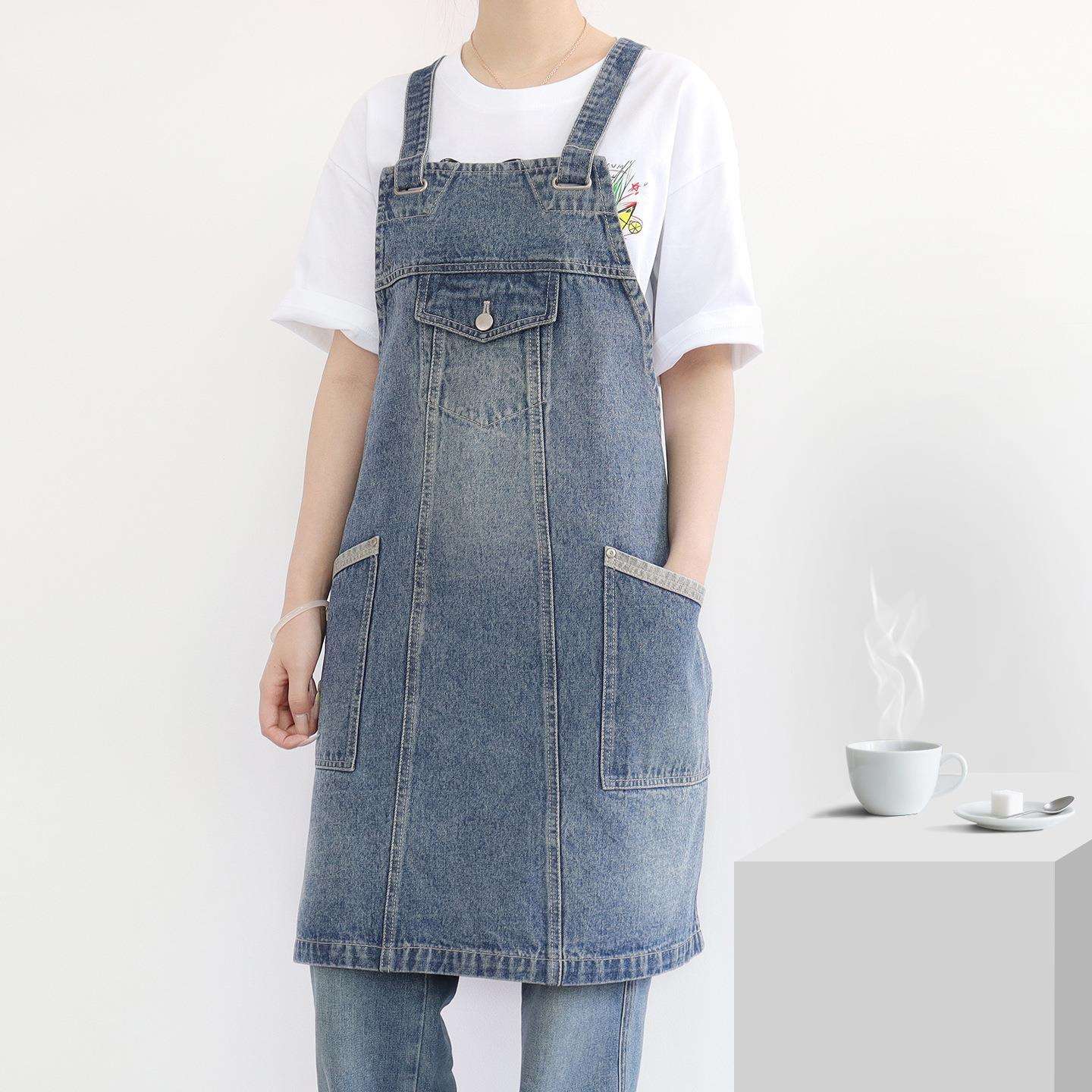 亚马逊韩版围裙新款水洗牛仔围腰咖啡奶茶花店时尚情侣工作服耐脏