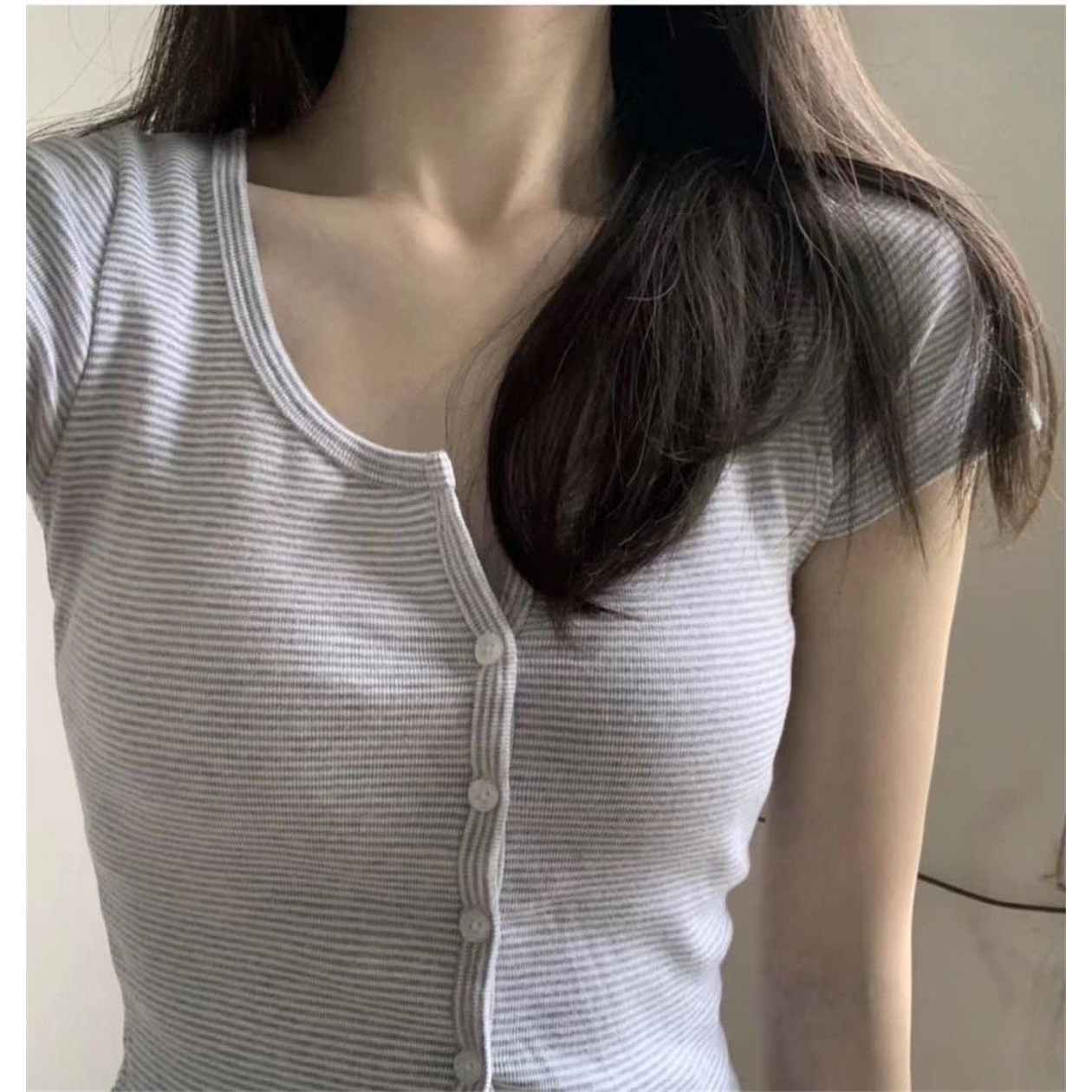 BM风美式复古修身单排扣条纹针织短款上衣女 bm风高腰短袖开衫t恤