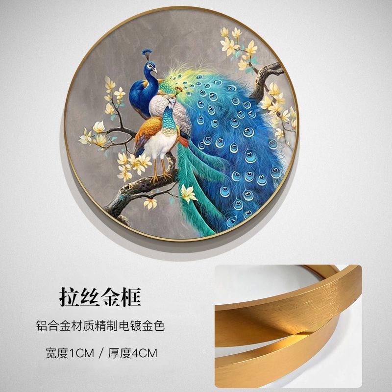 孔雀油画入户玄关装饰画圆形卧室床头挂画美式轻奢客厅餐厅壁画图片