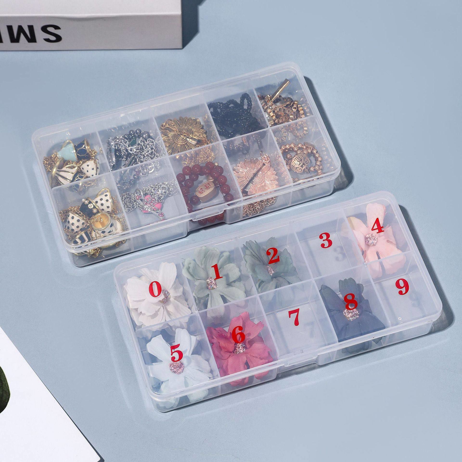 美甲工具指甲甲片发饰皮筋收纳盒透明塑料空盒10格分装饰品盒数字