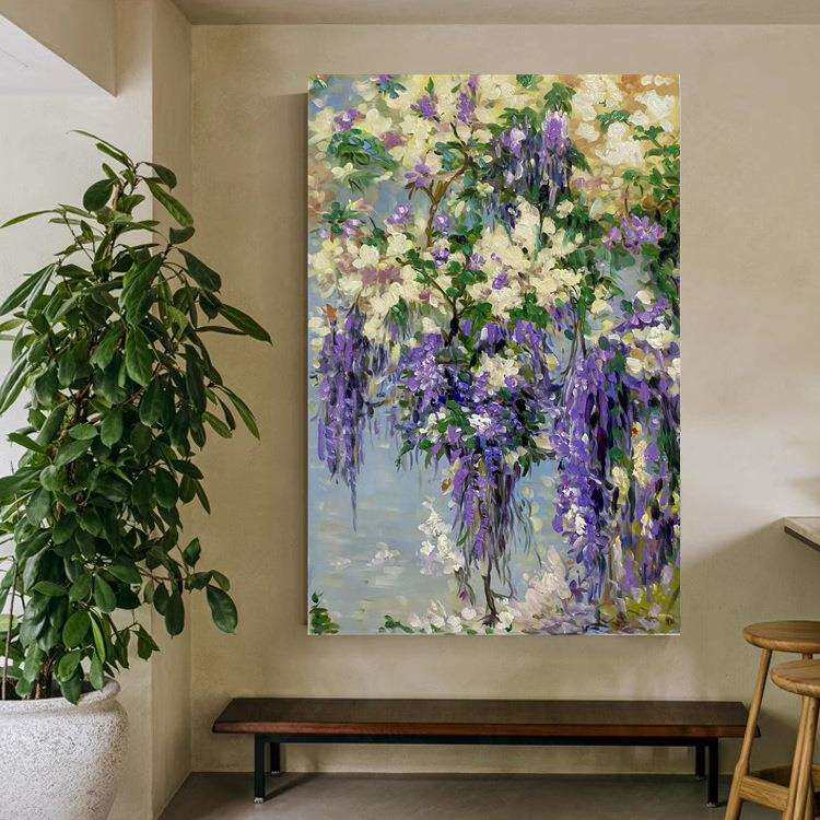 纯手绘油画玄关走廊花卉挂画厚油抽象轻奢装饰画餐厅个性壁画紫色
