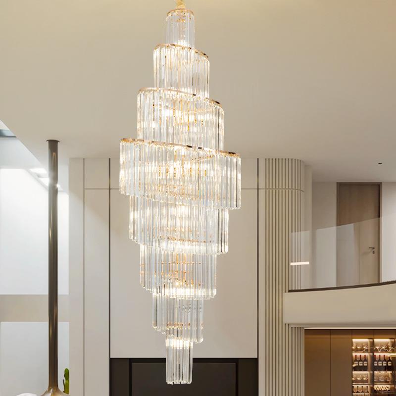 别墅阁楼客厅水晶吊灯后现代灯饰复式loft轻奢中空旋转楼梯长吊灯