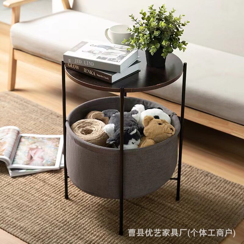 北欧圆桌简易布兜双层铁艺边几沙发床头迷你边几轻奢小圆桌收纳架