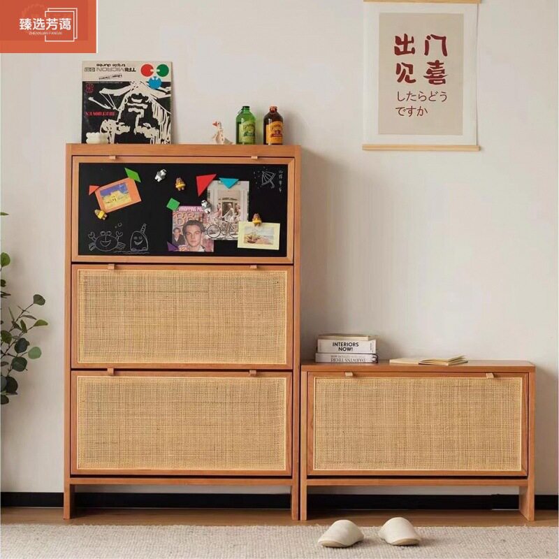 超薄藤编樱桃木玄关鞋柜