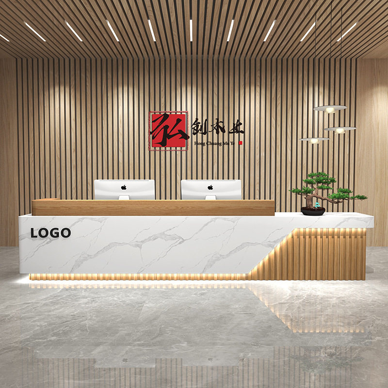 公司前台接待台酒店商用迎宾吧台简约大理石纹烤漆轻奢收银台