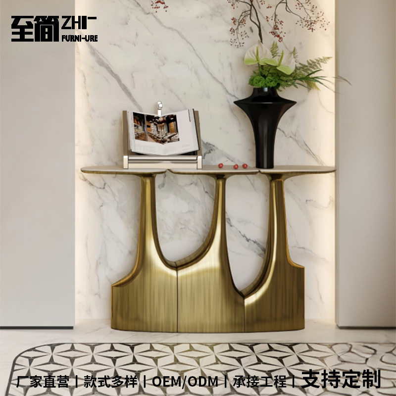 意式入户案台异形大理石玄关桌创意设计师小众景观台别墅过道条案