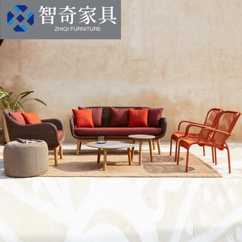 户外实木藤编沙发庭院简约休闲露台别墅阳台花园藤椅家具茶几组合