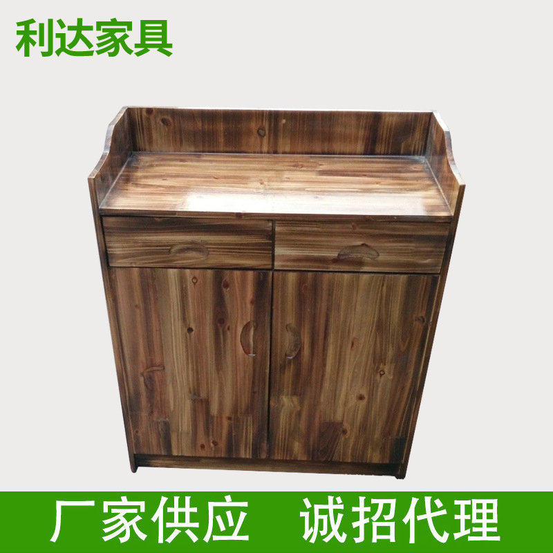 多层板实木餐边柜农家乐简易茶水柜双开门储物柜碳化色木质餐边柜
