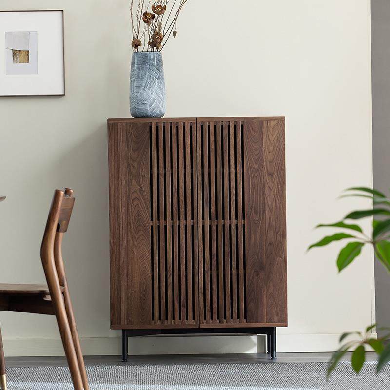 北欧黑胡桃木格栅鞋柜现代简约门厅玄关柜大空间透气家用门口鞋