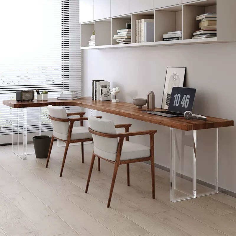 简约北欧书桌学习电脑桌家用亚克力双人实木书桌书房拐角转角桌子