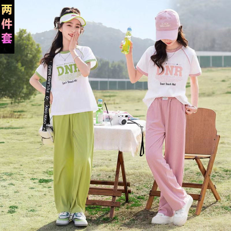 安奈儿联名女童运动套装夏季洋气儿童装女孩短袖休闲防蚊裤两件套