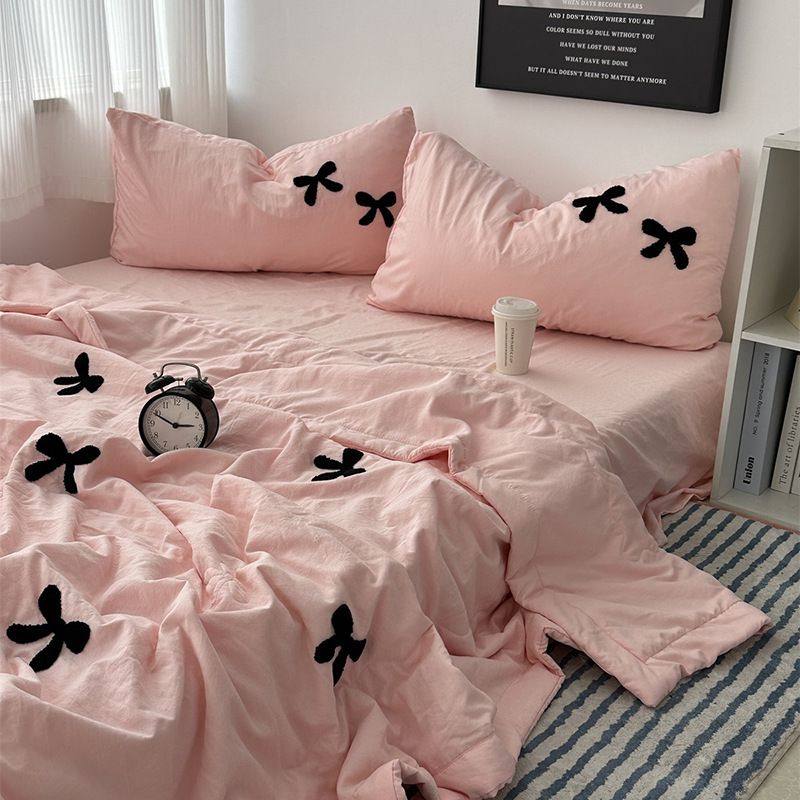 ins少女粉黑色蝴蝶结毛巾绣水洗棉夏凉被四件套夏季空调被三件套4,床上用品,床品套件/四件套/多件套,淘宝优惠券,粉丝福利购,淘宝优惠卷