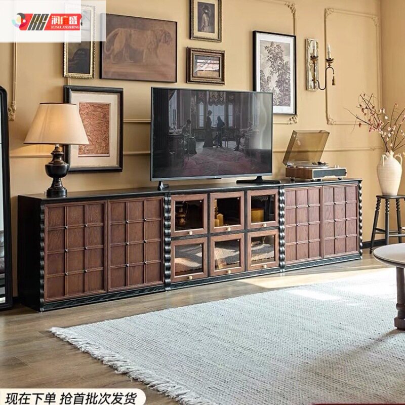 润广盛法式复古实木茶几电视柜中古风黑色美式客厅组合柜边柜斗柜