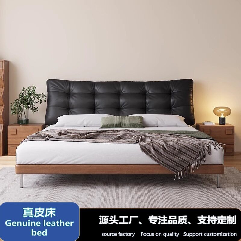 中古风真皮床实木软包床意式现代简约床卧室双人婚床网红大黑熊床