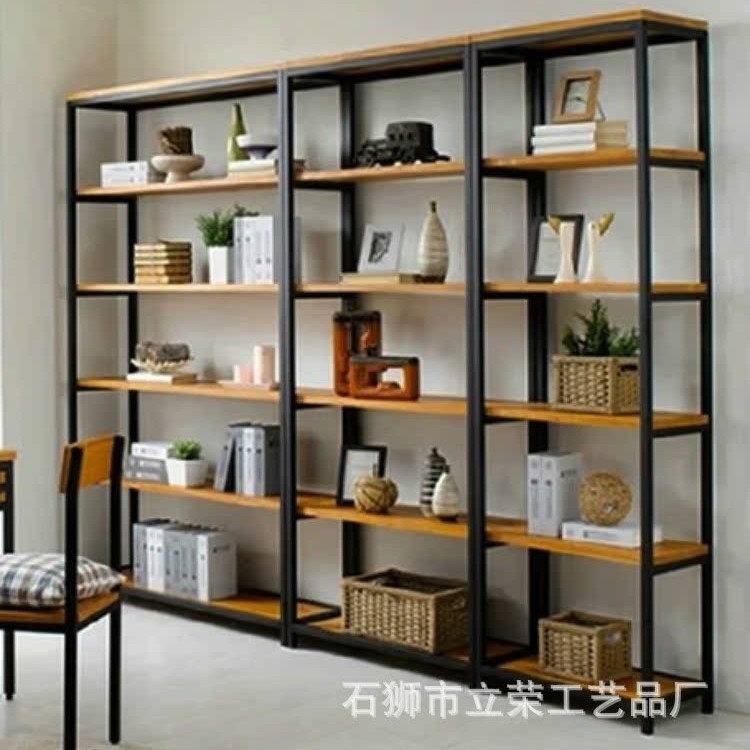 美式铁艺原木多层落地置物书架