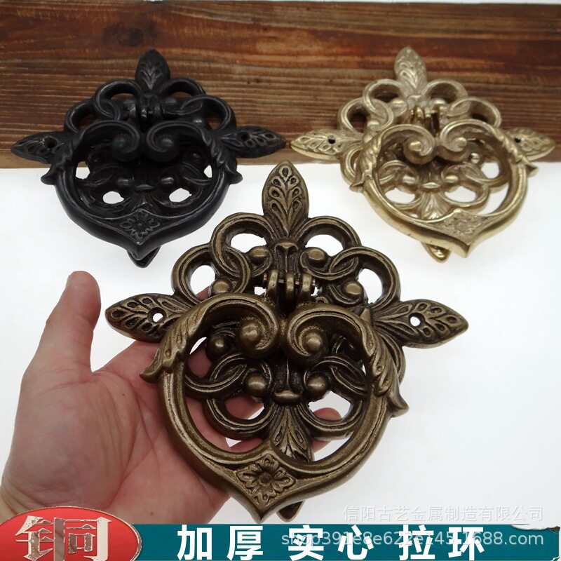 中式黄铜拉手仿古大门把手老式古建庭院木门拉环古典花形拉手门环