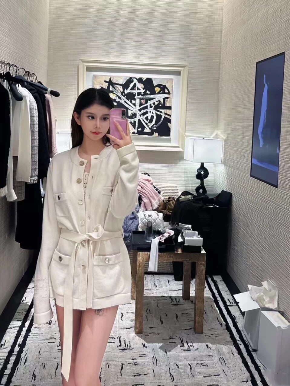 2025秋冬新品小香风袖口字母刺绣撞色腰带100%山羊绒针织开衫女潮