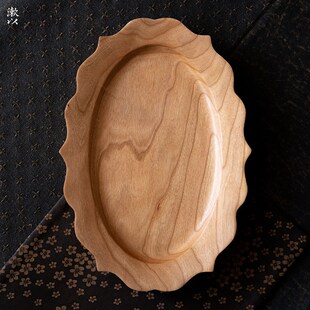 精选漱以中古风樱桃木实木整木花边茶盘托盘家用整块餐盘摄影道具