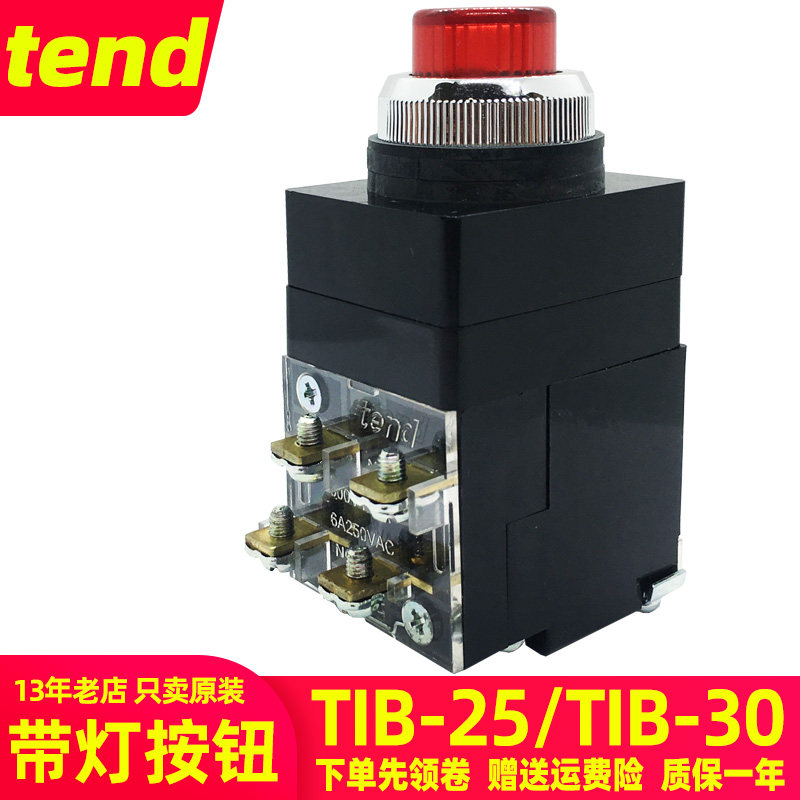 TEND天得按钮开关凸头带灯附变压器TIB-25-30m红色220V启动自复位