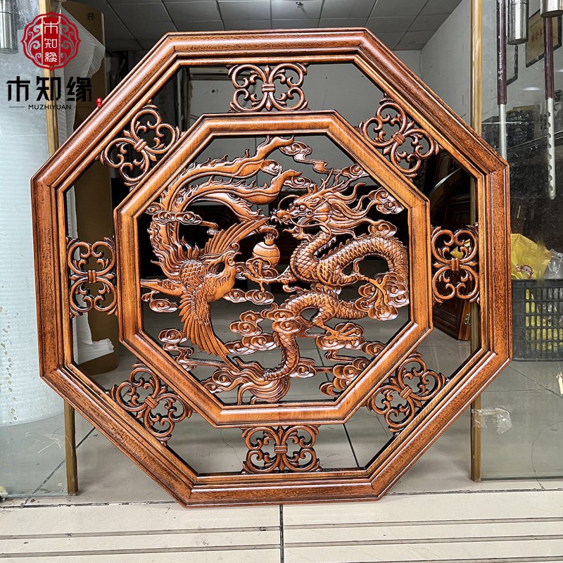 东阳木雕八角福字挂件中式玄关背景墙壁挂香樟木雕刻仿古八角花窗