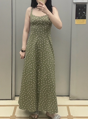 ZA 欧美外贸夏日田园风橄榄绿色波点吊带迷笛长款连衣裙女2587151