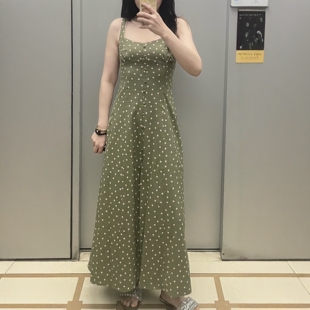 ZA 欧美外贸夏日田园风橄榄绿色波点吊带迷笛长款连衣裙女2587151
