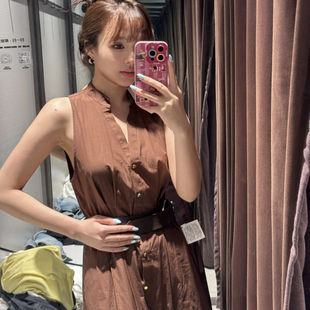 2025女装夏款美拉德色系配腰带V领无袖迷笛连衣裙女5029101 700