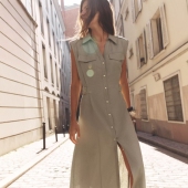 夏款 通勤无袖 翻领开叉衬衫 2025女装 亚麻迷笛长连衣裙 8741063