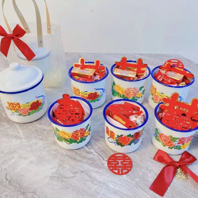 经典怀旧搪瓷杯子铁茶缸带盖大号办公室饭店老式双喜婚庆带花水杯