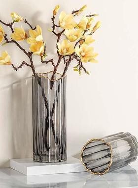 简约新款波浪金边口竖条纹圆筒玻璃花瓶富贵竹花瓶餐桌办公工艺品