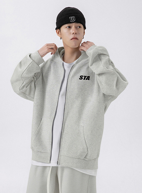 STA重磅新款拉链连帽卫衣情侣秋季宽松休闲潮牌花灰色百搭外套衫