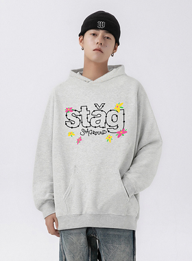 STA国潮牌美式字母连帽卫衣花灰色宽松休闲潮流外套帽衫百搭