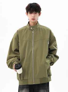STA秋冬美式机能立领夹克男潮牌工装外套军绿色宽松飞行员夹克
