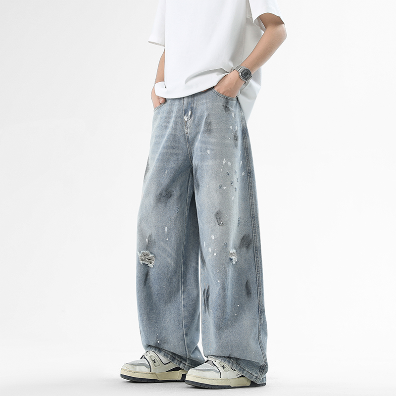 STA高街新款泼墨破洞牛仔裤