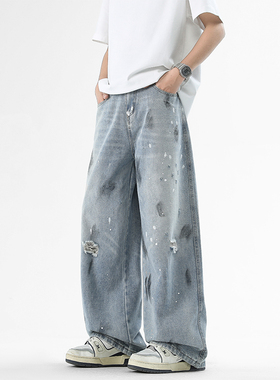 STA高街新款泼墨破洞牛仔裤男款做旧潮流百搭宽松直筒蓝色裤子