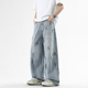 STA高街新款 子 做旧潮流百搭宽松直筒蓝色裤 泼墨破洞牛仔裤 男款